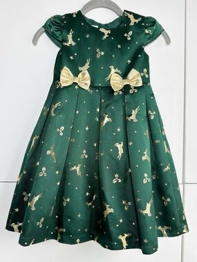 Bonnie Jean Christmas Dress Reindeer Emerald Green Gold Size 6X Holiday